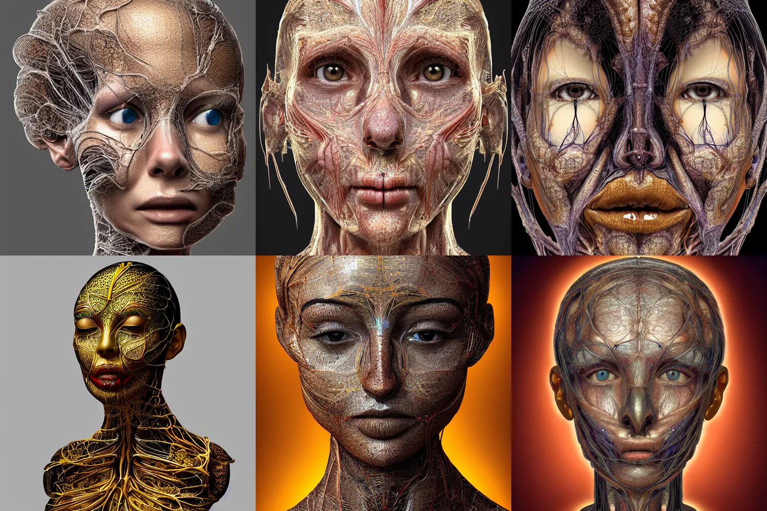 Prompt: frontal face portrait of a woman, anatomical, flesh, glass shards, mandelbrot fractal, facial muscles, veins, arteries, symmetric, intricate, golden ratio, full frame, elegant, highly detailed, ornate, sculpture, elegant , luxury, beautifully lit, ray trace, octane render in the style of Peter Gric , Alex Grey and Romero Ressendi