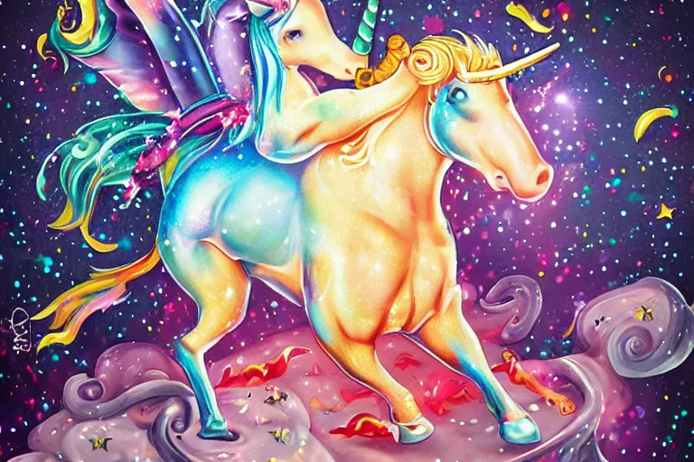 Prompt: cheesy unicorn impales man on bloody horn, airbrush, sparkles, dynamic lighting