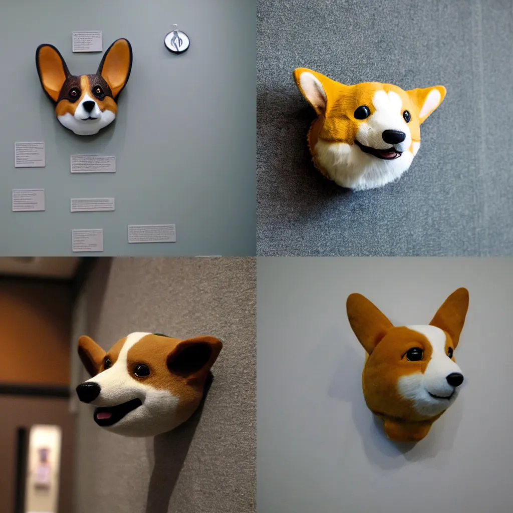 Prompt: stuffed corgi head on the wall of the museum of natural history