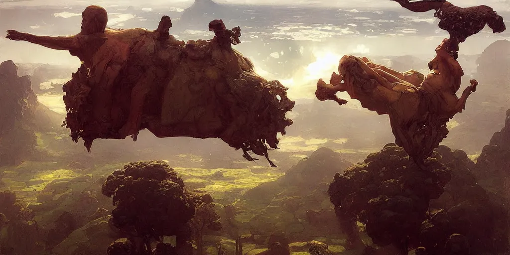 Image similar to landscape hanging upside - down from the sky two worlds facing each other horizontal symmetry inception good composition artstation illustration sharp focus sunlit vista painted by ruan jia raymond swanland lawrence alma tadema zdzislaw beksinski norman rockwell tom lovell alex malveda greg staples