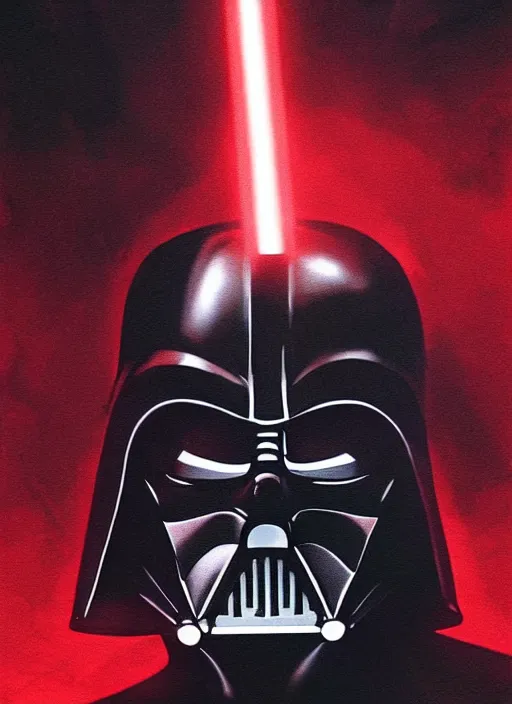 Image similar to photorealistic portrait art of Darth Vader in a black room holding a red lightsaber lighting up half of his face, ambient lighting, dynamic lighting, hyper realistic, concept art, stunning visuals, cinematic