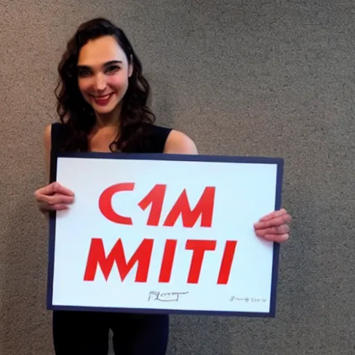 Image similar to Gal Gadot holding a sign that says M I T C H I E P O O !!!! as painted by Ralph Horsley