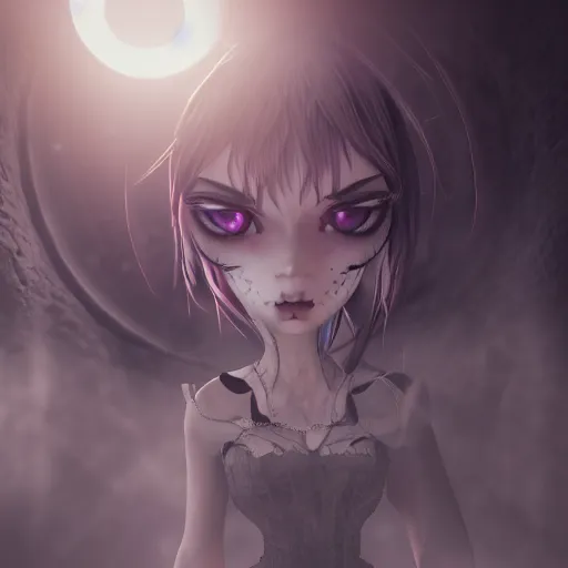 Image similar to full shot portrait of angry darkness anime girl at moonlight, gothic wearing, worrying eyes, inspired by Tim Burton, detailed, unreal engine 4k volumetric light, fog,