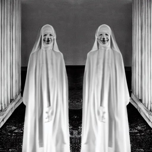 Prompt: nightmare vision, long depth of field. black and white, award winning photo of smiling levitating twin nuns, wearing translucent sheet, Mary in a sanctuary, mirror hallways, eerie, tall columns, frightening —width 1024 —height 1024