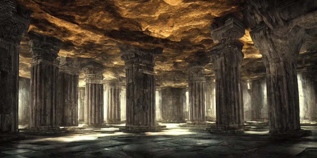 Image similar to a fantasy dwarven hall interior in the style of a waterfall cave, huge Greek columns, wet floors, high ceiling, dark moody lighting, foggy atmosphere, god rays, bright colors, photo by Denis Villeneuve, low angle view