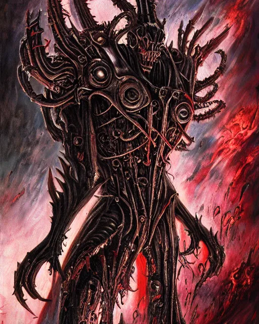 Image similar to charred bloody fleshmetal cyborg daemonhost of tzeentch, by antonio j. manzanedo, giger, alex grey, android jones, wayne barlowe, philippe druillet, raymond swanland, cyril rolando, josephine wall, harumi hironaka, cronenburg, trending on artstation