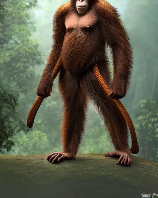 Image similar to fury art, an anthro ape monkey wearing a large cape and a fantasy armor, jungle background, 3 d, 8 k, extremely detailed, trending on furaffinity, trending on artstation, award winning, sharp focus, illustration