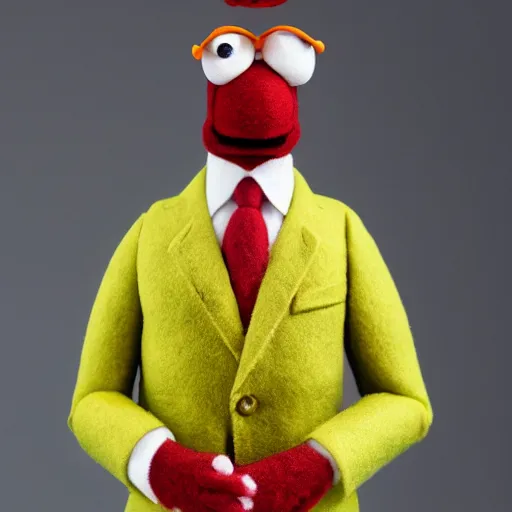 Image similar to gus fring as a muppet, yellow dress shirt. highly detailed felt. hyper real photo. 4 k.