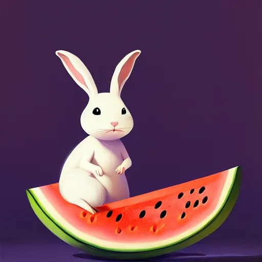 Image similar to a painting of a bunny and a watermelon, a storybook illustration by goro fujita, trending on cgsociety, pop surrealism, 2 d game art, storybook illustration, behance hd