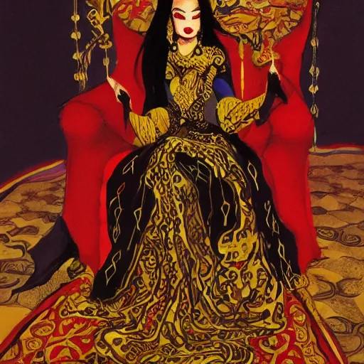 Prompt: an illustration of a dark queen on a throne, oriental, arabic, at night by marc davis, realistic, gouache, painting