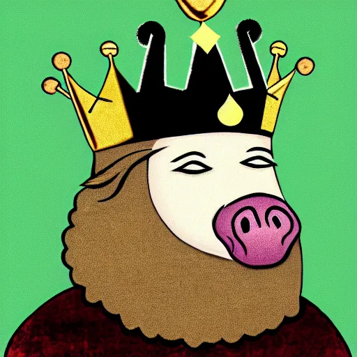 Image similar to old illustration of a king wearing a crown with a velvet pig mask on