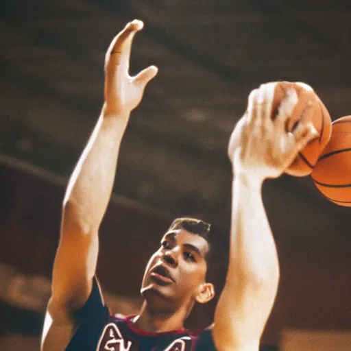 Image similar to film still of a llama in a jersey dunking a basketball like michael jordan, low angle, show from below, tilted frame, 3 5 °, dutch angle, extreme long shot, high detail, indoors, dramatic backlighting.