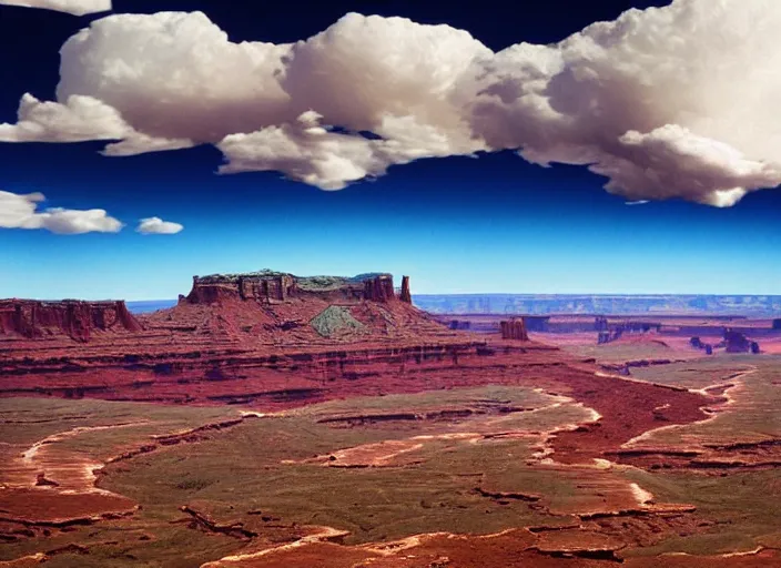 Prompt: a cloud shaped like a whale over canyonlands. technicolor. cinematic