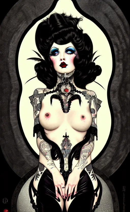 Image similar to with goth girl lips, eyes, jaw and long, thick shining black hair, thick eyebrows and long eyelashes, wearing in black clothes, beautiful eyes, burlesque psychobilly, rockabilly, punk, white background, drawing, illustration by fantasy art, in the style of greg rutkowski, intricate, alphonse mucha, hyper detailed, smooth