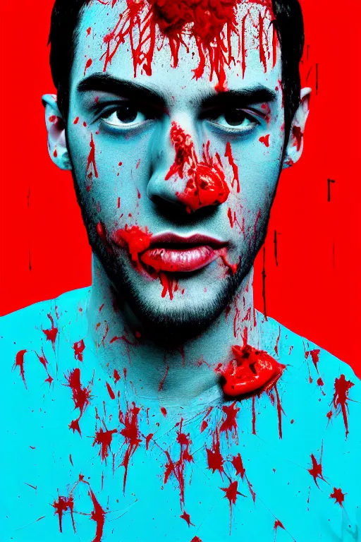 Prompt: guy covered with blood in his face - aesthetic, 4 k, comical, acrylic paint style, pencil style, torn cosmo magazine style, pop art style, ultrarealism, by mike swiderek, jorge lacera, ben lo, tyler west