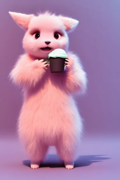 Image similar to high quality 3 d render hyperrealist very cute pastel fluffy! anthropomorphic westie eating giant ice cream full body, vray smooth, in the style of detective pikachu, hannah yata charlie immer, very dramatic pink light, low angle, uhd 8 k, shallow depth or field