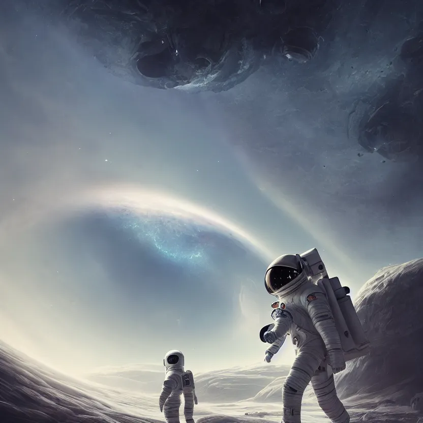 Image similar to a astronaut walking on a alien planet and looking to the absurdly giant black hole in the sky, digital art, concept art, trending on DeviantArt, trending on Artstation, high quality, 8K HDR, octane render, unreal engine 5, path tracing, breathtaking landscape, dramatic lighting, cinematic, highly detailed