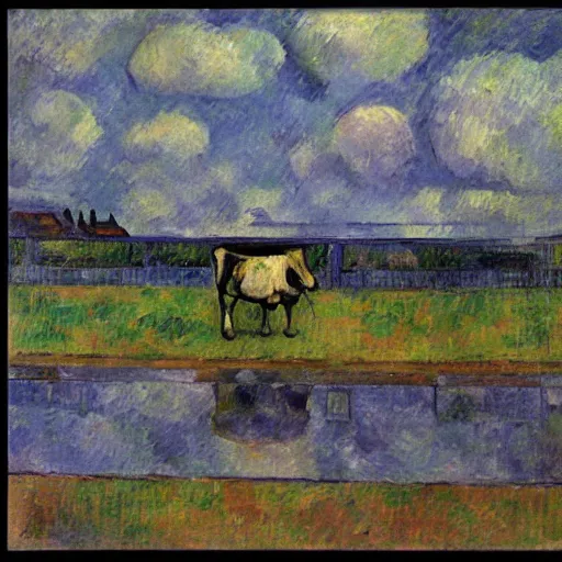 Prompt: a cow is running on the cloud, post - impressionism, cezanne, gaugin, van gogh, seurat, bottom view ， - h 1 0 2 4