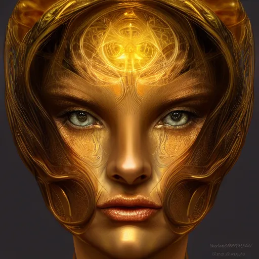 Image similar to a beautiful symmetrical face made of golden ornaments by alex gray and android jones , Karol Bak, Ayami Kojima, Amano , 3D, 8k resolution