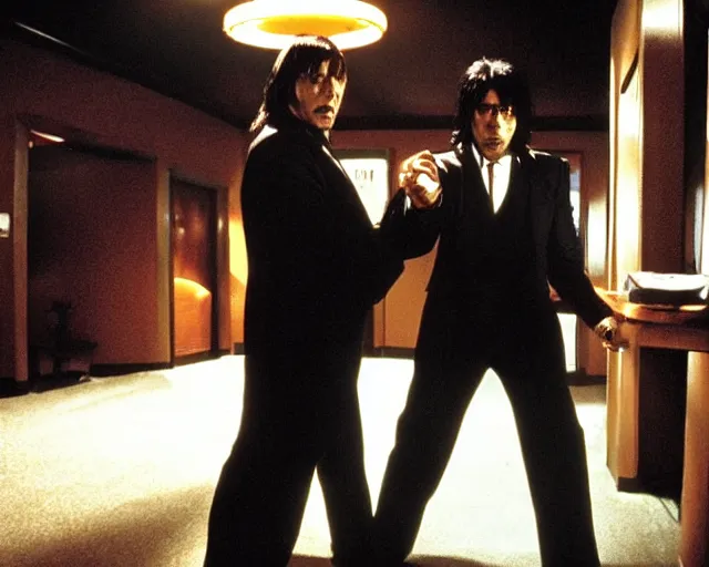 Image similar to detailed Mads Mikkelsen as Vincent Vega in Pulp Fiction with his partner Jules Winnfield, movie scene