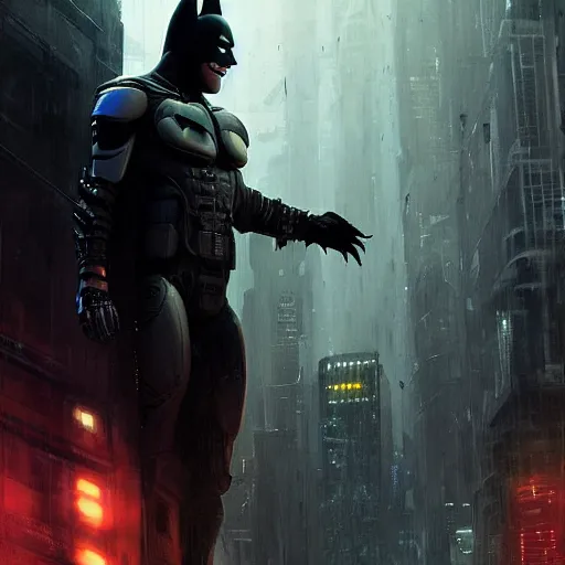 Image similar to cyberpunk batman with fullface mask, wide shot, moody, futuristic, city background, brush strokes, oil painting, greg rutkowski