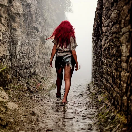 Image similar to define the character of a beautiful girl, messy long red hair, messy wet grey tribal clothes, short torn up pants, she is walking on a mountain and we see down in a deep valley a very poor old shanti town with wooden ruins, medieval time, heavy rain, late at night, mist, cinematic, 8 k,