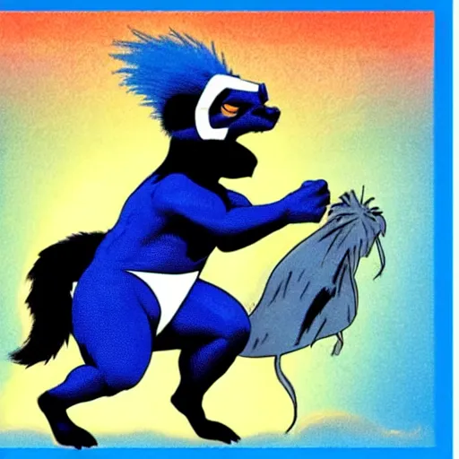 Image similar to a skunk that is blue and is also giant and a super hero by richard corben style