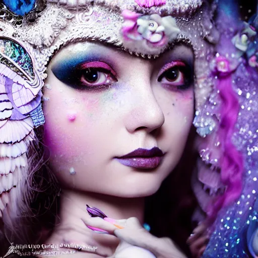 Image similar to Ethereal, mysterious stunning maximalist mesmerizing girl from the rainbow sky paradise, high-tech, professional high fashion model photo shoot for Victorian gothic lolita fashion, hyperdetailed by Mark Ryden and artgerm and Hiroyuki-Mitsume Takahashi, close-up 35mm macro shot, hyperrealism, 8k resolution 3D, cinematic, dynamic lighting, octane render, unreal engine 5