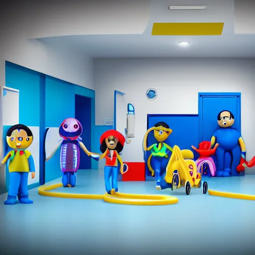 Image similar to playskool people figures entering a hospital shaped like a plus sign, the hospital is seen from outside and above, matte plastic materials, blue tones, 3 d, redshift, hydri, subsurface scattering, cgi, high quality render, ambient occlusion