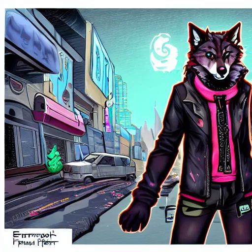 Image similar to beautiful furry art portrait commission of a furry anthro wolf fursona wearing punk clothes in the streets of a cyberpunk city. character design by rick griffin, miles df