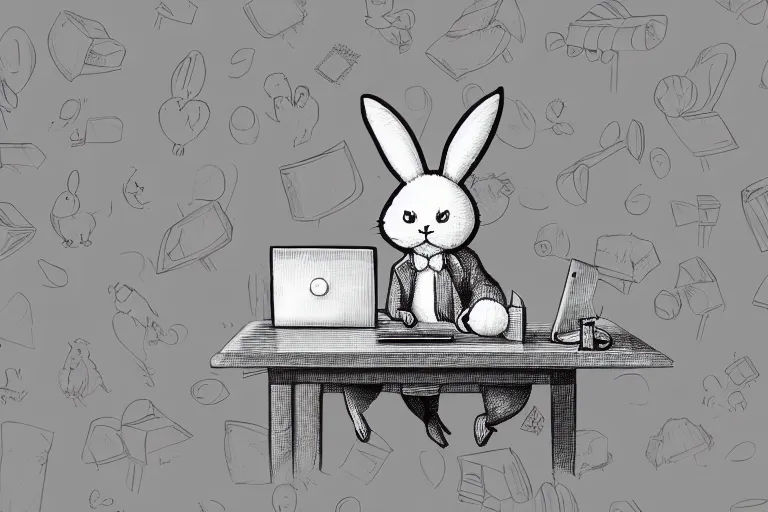 Prompt: a cute fluffy rabbit sitting at a desk, pop surrealism art style, rubberhose animation character style, intricate, toon render, black ink on white paper