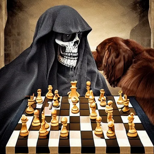 Prompt: “(the grim reaper) playing chess with dogs in hades, photograph, realistic, highly detailed”