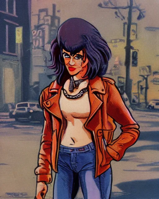 Image similar to young female protagonist in leather jacket, city street, artwork by ralph bakshi