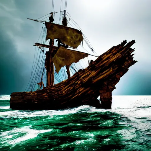 Image similar to wooden shipwreck of old pirate ship on rocks at sea, dramatic lighting, sun beams, god rays illuminating wreck, dark background, gloomy green sea, fantasy art