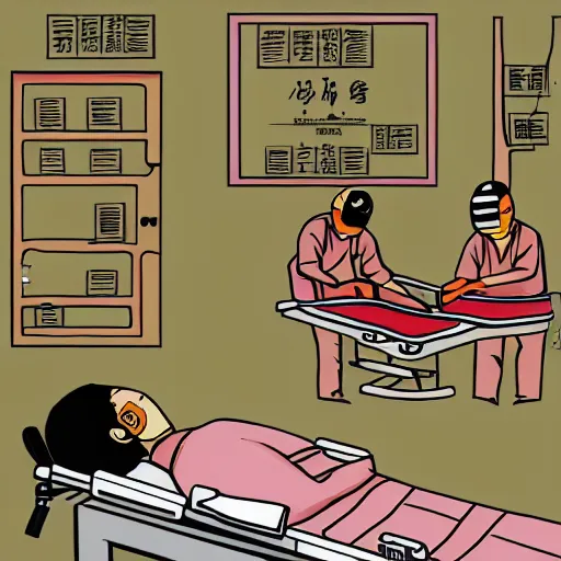 Prompt: chinese surgeons operating on a body on an operating table, in the style of daniel johnston and outsider art and spirited away, 8k, line brush, minimal, overlaid with chinese adverts