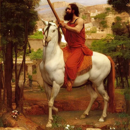 Image similar to Wikus, Centaur of the high glade. Half man half horse. Wearing Grecian armor. Orientalist portrait by john william waterhouse and Edwin Longsden Long and Theodore Ralli and Nasreddine Dinet, oil on canvas. Cinematic, hyper realism, realistic proportions, dramatic lighting, high detail 4k