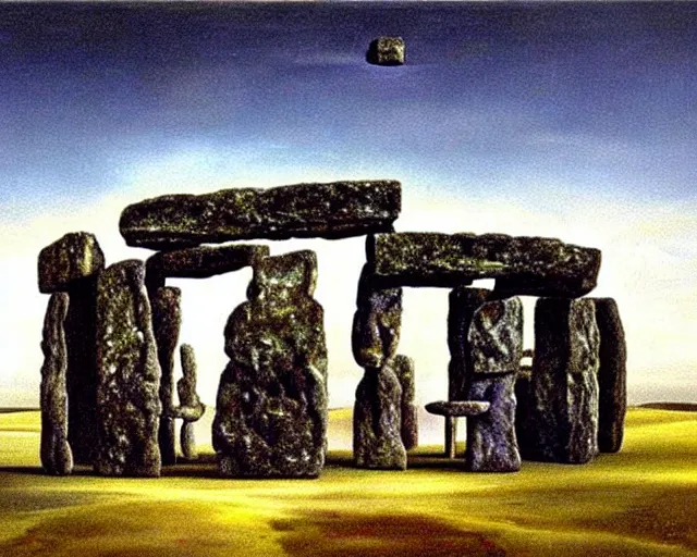 Image similar to surreal objects and actions. painting of Stonehenge by Salvador Dali. several layers of perspective. Manifestations of the subconscious. Cryptic symbolism. Many points of view. mind bending illusions of perception