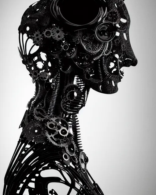 Image similar to black and white dreamy foggy profile face portrait, one steampunk cat eye biomechanical beautiful young female cyclope - cyborg - robot bust, body ribs meshes,, volumetric light, hibiscus flowers, by hg giger, rim light, by dora maar and cecile beaton, big gothic fashion pearl embroidered collar, 8 k