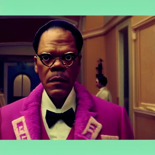 Prompt: film by wes anderson, the grand budapest hotel style, pulp fiction movie, highly detailed, photorealistic, full - body, samuel l jackson posing in cafe, perfect symmetrical eyes, 8 k resolution, digital art, hyper realistic