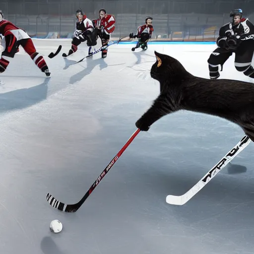 Image similar to cats playing ice hockey, unreal engine 5 4 k, hyperdetailed photorealism, extremely high quality