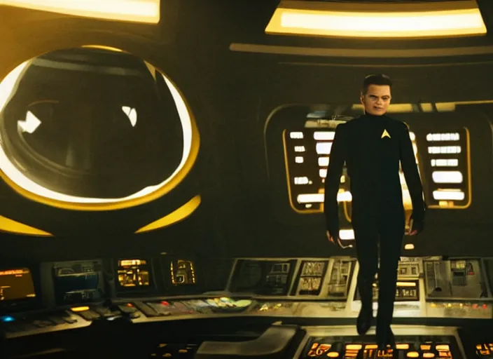 Prompt: Jesse McCartney plays as captain in Star Trek Discovery, engine room and warp core in the background, 35mm photography, highly detailed, cinematic lighting, 4k