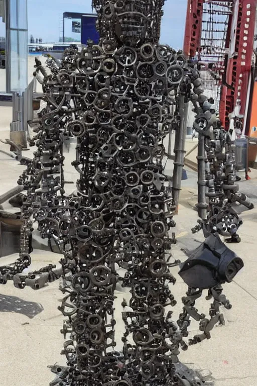 Prompt: an ironman full body sculpture made out of nut, bolts, screws, pipes, gears, and other spare parts