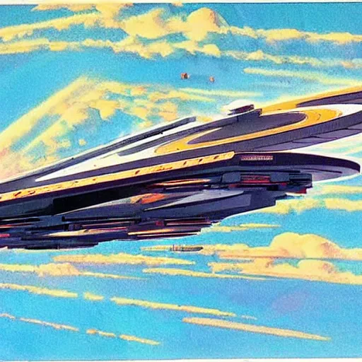 Prompt: U.S.S. Enterprise from Star Trek painted in the style of Robert McCall