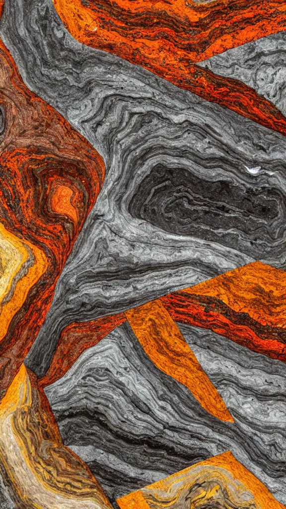 Prompt: vivid color, folded, tessellated planes of rock, alien sedimentary schematic, igneous rock, marbled veins, 3D diorama architectural drawing with layers of strata, ochre, sienna, black, gray, olive, mineral grains, dramatic lighting, rock texture, sand by James jean, geology, octane render in the style of Luis García Mozos