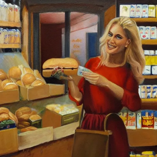 Prompt: high quality award winning painting of a rich blonde woman shopping for bread in a supermarket