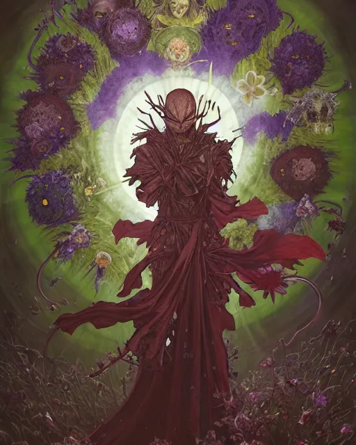 Image similar to the platonic ideal of flowers, rotting, insects and praying of cletus kasady carnage thanos davinci nazgul wild hunt chtulu mandala ponyo heavy rain the witcher, d & d, fantasy, ego death, decay, dmt, psilocybin, concept art by randy vargas and greg rutkowski and ruan jia and alphonse mucha