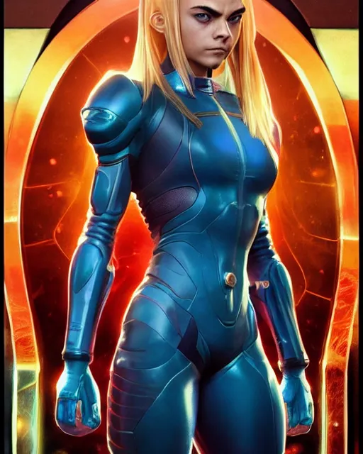 Image similar to Symmetric movie poster of Cara delevingne as Samus Aran , Marviel Style cover art, ultra wide lens shot,cinematic lighting, beautiful,art by Artgerm and Greg Rutkowski and Alphonse Mucha