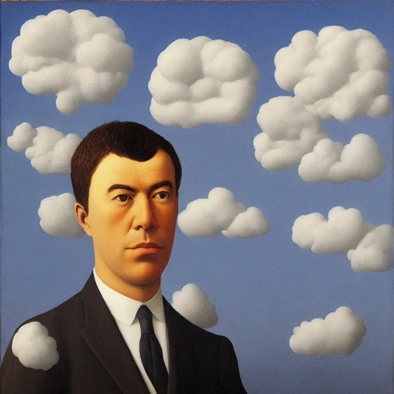 Image similar to portrait of a man whos head is a cloud, by rene magritte, detailed painting, hd, hq, high resolution, high detail, 4 k, 8 k