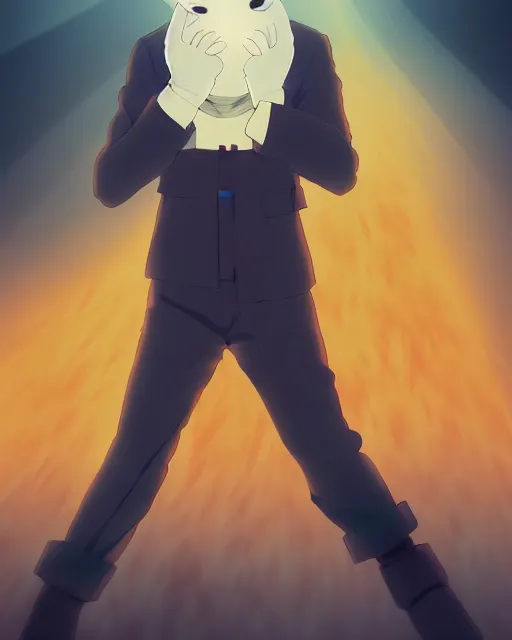 Prompt: anime style, vivid, expressive, full body, 4 k, a man in a mime mask, half a fox sad, half a cheerful face, stunning, realistic light and shadow effects, sad, landscape shot, dramatic, simple background, studio ghibli makoto shinkai yuji yamaguchi