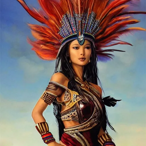 Image similar to a beautiful female aztec warrior wearing a futuristic crown of very long quetzal feathers, by riccardo federici, xin haicheng, and artgerm, with a perfect body and perfectly positioned face, strong jawline and flowing dark hair, brown eyes, fair skin, global illumination h - 7 0 4